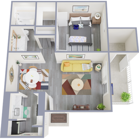 Floor plan for 1 bed, 1 bath, 614 sqft